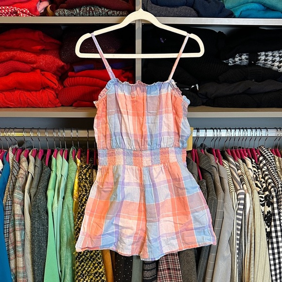 There Abouts blue/coral plaid adjustable strap smocked waistband romper XS NWT - Picture 1 of 3